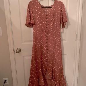 High low dusty rose white polka dot dress